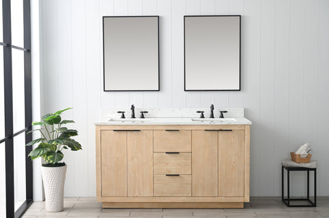 Brady 60" Mid-century Vanity Set with Carrara White Quartz Top - Teak White