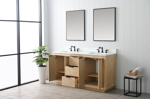 Brady 60" Mid-century Vanity Set with Carrara White Quartz Top - Teak White