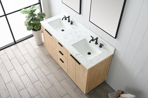 Brady 60" Mid-century Vanity Set with Carrara White Quartz Top - Teak White