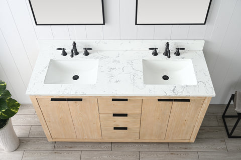 Brady 60" Mid-century Vanity Set with Carrara White Quartz Top - Teak White