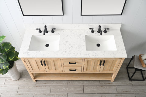 Harvey 60" Rustic Modern Farmhouse Vanity with Carrara White Top - Teak White