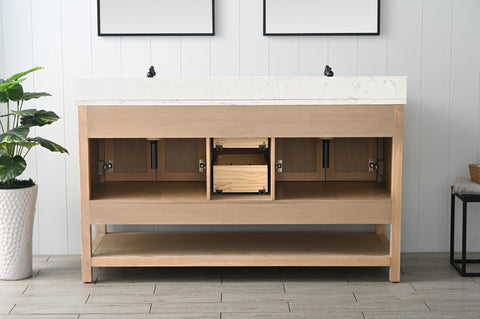 Harvey 60" Rustic Modern Farmhouse Vanity with Carrara White Top - Teak White