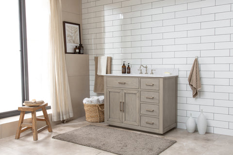 Grace 42" Mid-century Vanity Set with Carrara White Top - Antique Gray Oak