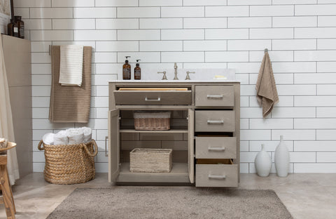 Grace 42" Mid-century Vanity Set with Carrara White Top - Antique Gray Oak