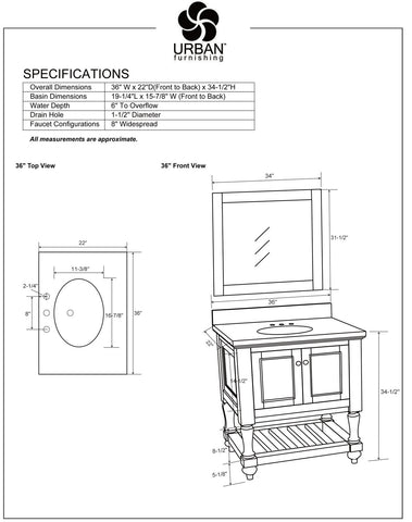 Silvia 36" Vanity Set with White Italian Carrara Marble Top - White